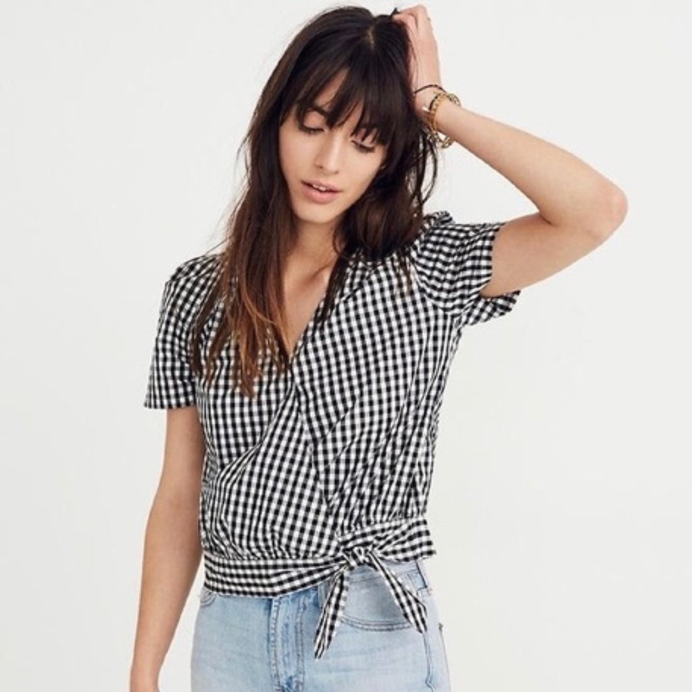 Madewell Short-Sleeve Wrap Top in Gingham Check